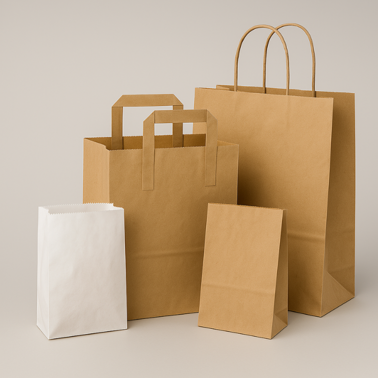 A plastic bag, a brown paper bag with handles, a plain brown paper bag, and a white paper food packet labeled with various burger options are displayed together.
