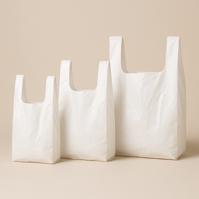 Three white plastic shopping bags of different sizes are standing upright in a row on a beige background. The bags are empty and have a slight crinkle texture.