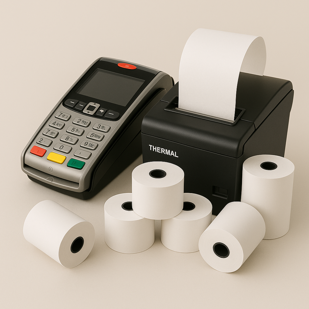 A payment card terminal surrounded by several small rolls of receipt paper. Text graphics read “20 rolls” in orange and “40x57 mm” in blue.