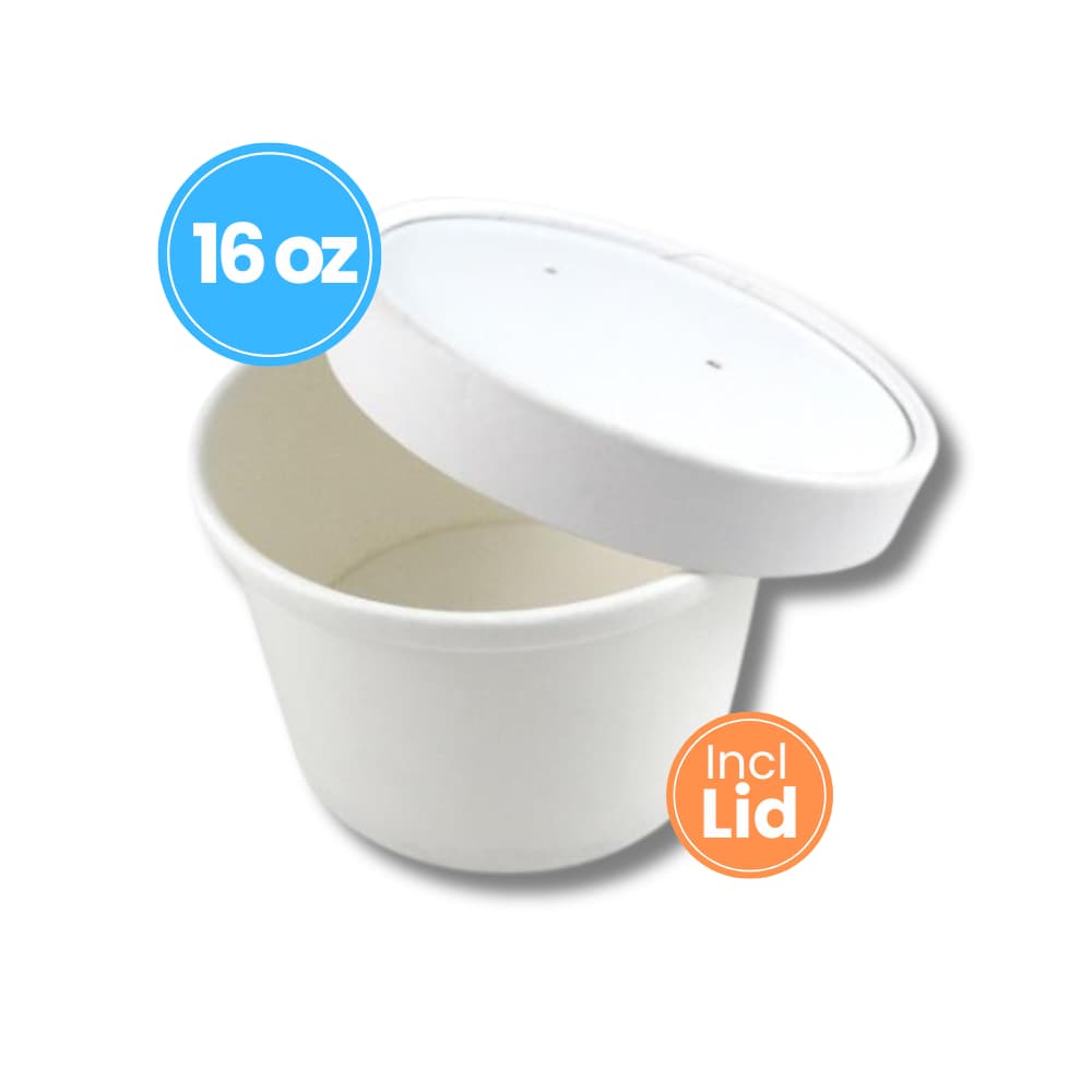 16oz Paper Soup Container incl Lids (500pcs) – Packaging from Nimbus Distributions, trusted Packaging & Catering Wholesale Supplier.
