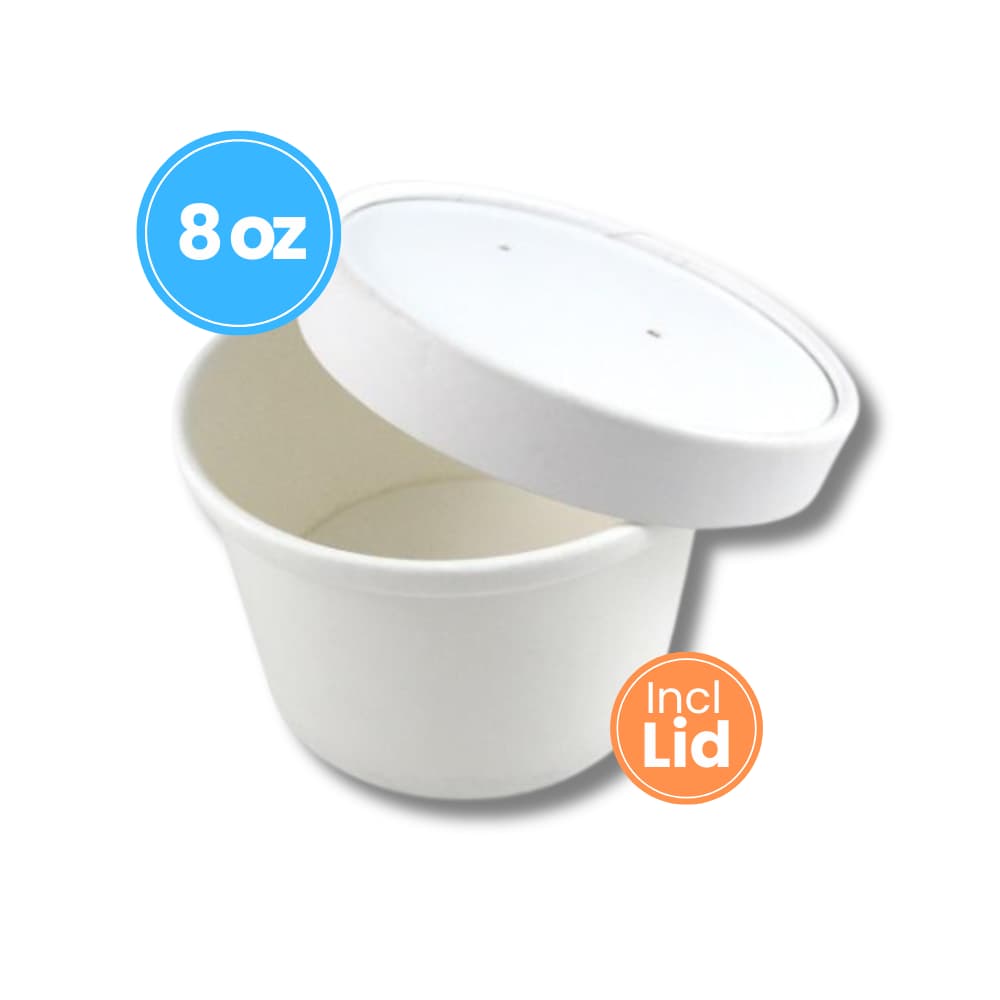 8oz Paper Soup Container incl Lids (500pcs) – Packaging from Nimbus Distributions, trusted Packaging & Catering Wholesale Supplier.