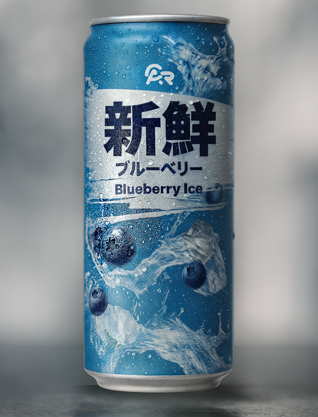 Blue can of 'Blueberry Ice' with Japanese text on a gray background
